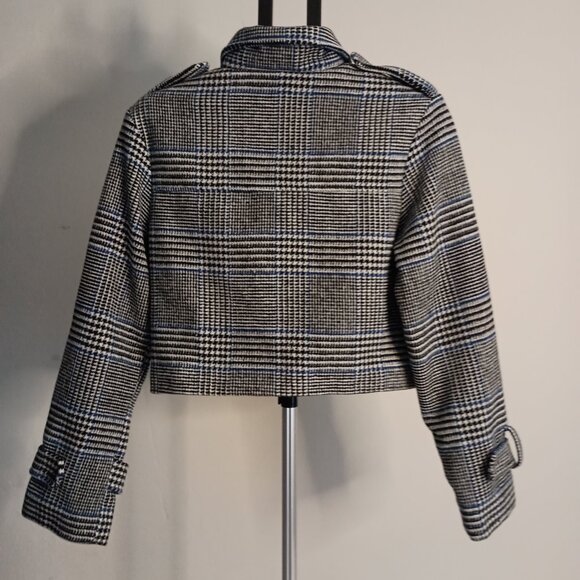 Me Jane Black White Blue Plaid Cropped Jacket Pockets Size Medium NWT - Picture 15 of 16